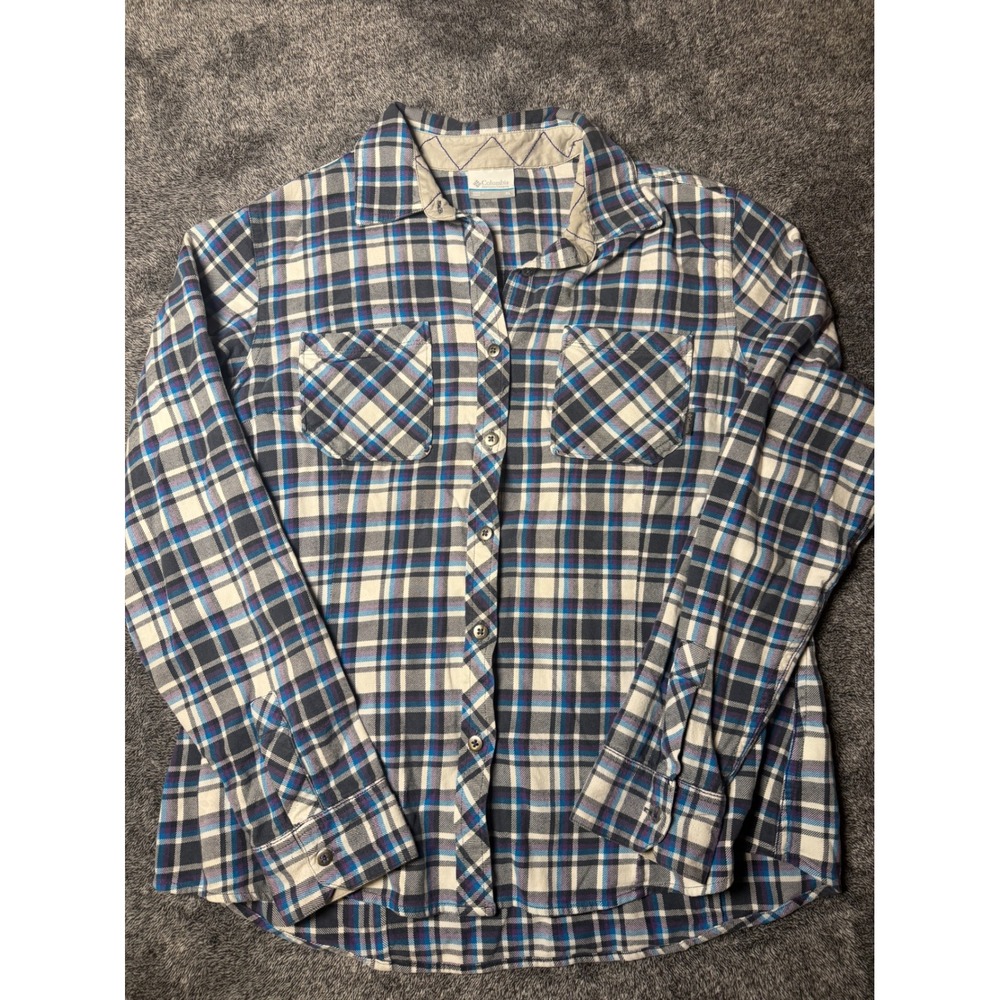 Columbia Sportswear Womens XL Blue Purple Plaid Cotton Flannel Button Down Shirt